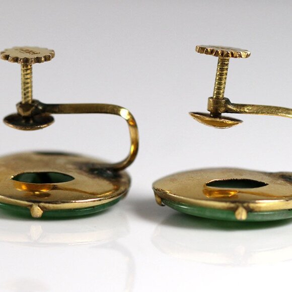 VINTAGE JADE GREEN 16MM 14K YELLOW GOLD DISC SCREW-ON EARRINGS - Picture 9 of 12